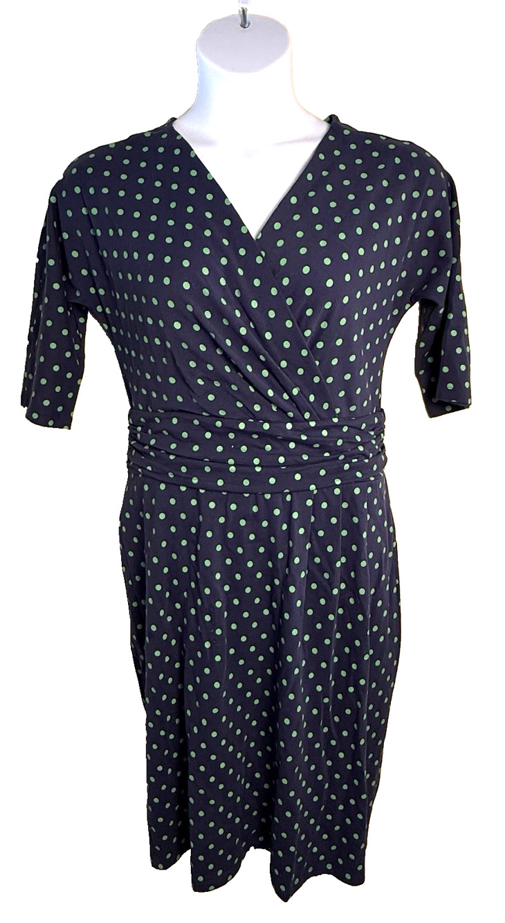 J. Peterman Navy Blue & lime green polka dot wrap dress 12 ruched waist midi